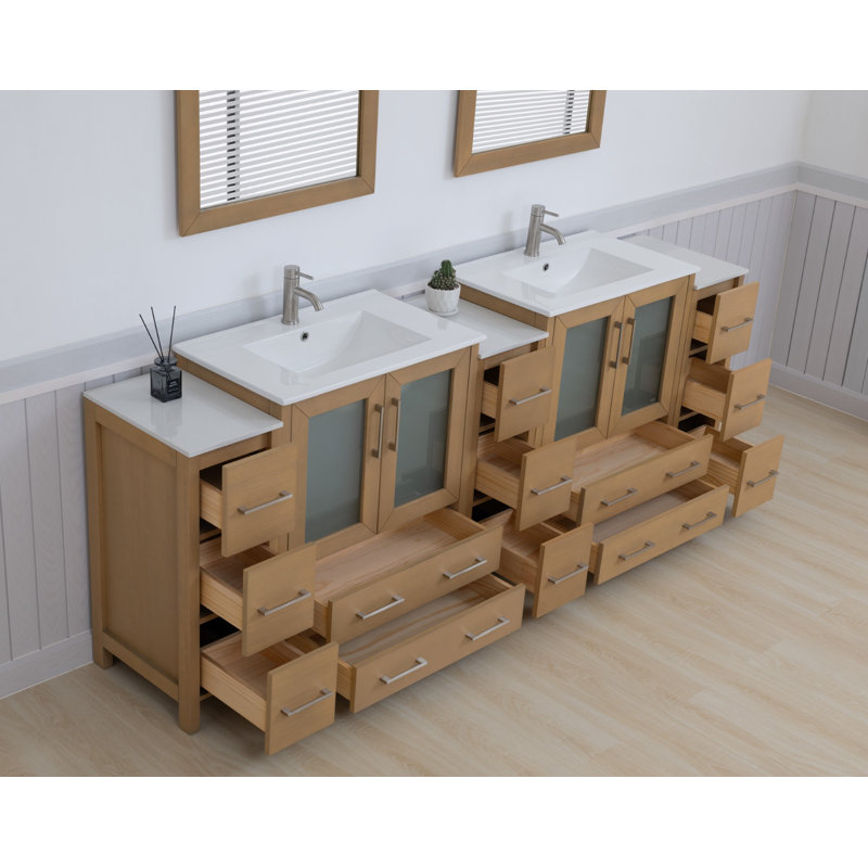  Ensemble de meuble-lavabo double 96 "avec miroir Modern, Chêne naturel