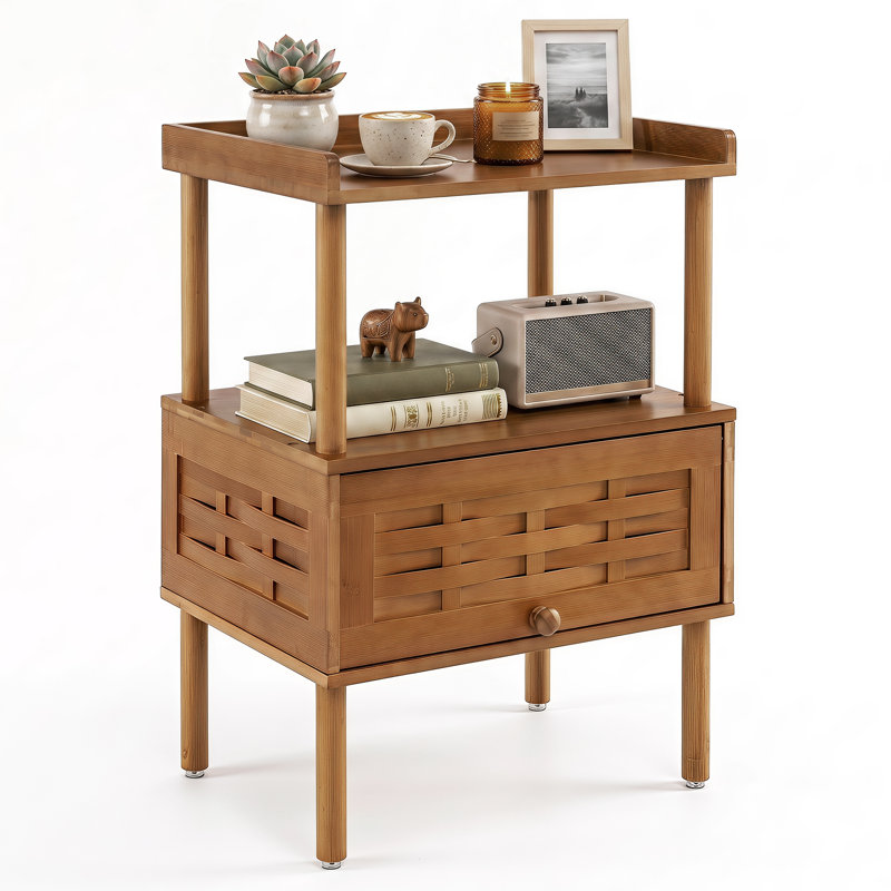Table de chevet en rotin de bambou avec table d'appoint et porte rabattable