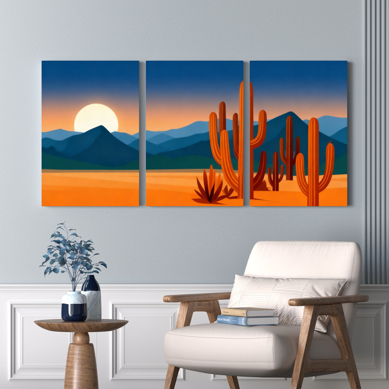 «Desert Landscape with Cactus and Mountain Sunset», reproduction d'art sur toile tendue sur toile, ensemble de 3