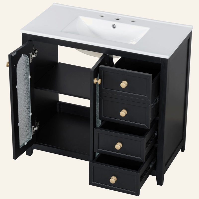 Meuble-lavabo de 36 pouces avec deux portes à fermeture douce, des tablettes réglables et trois tiroirs