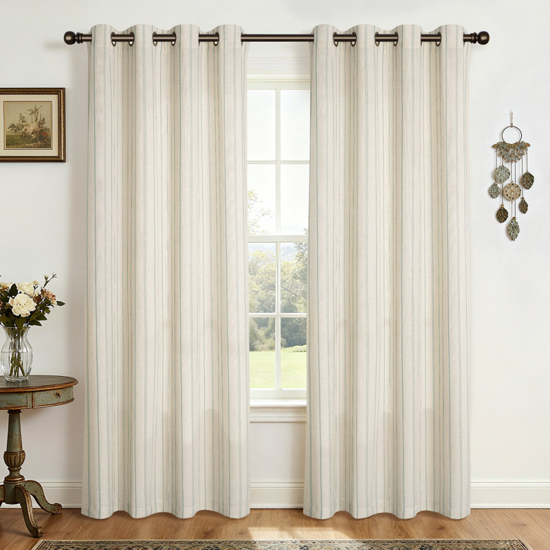 Farmhouse Linen Blend Stripe Semi-Sheer Grommets Curtain Pair, 52" W x 96" L, Green