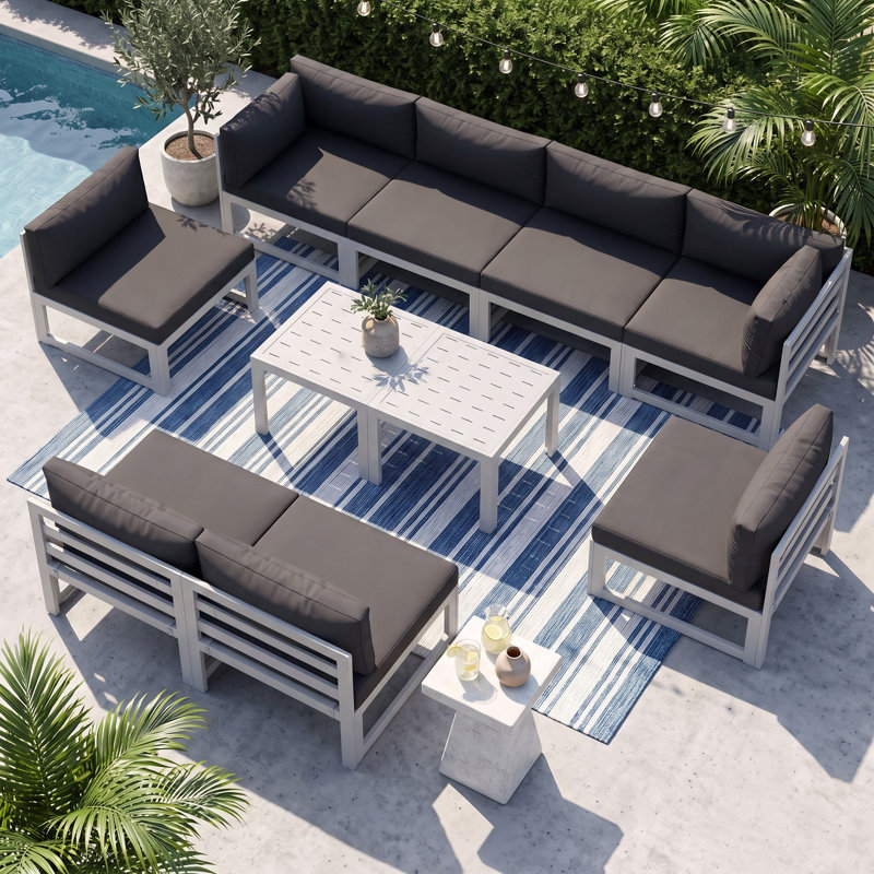 Qui 8 - Person Modern Aluminum Outdoor Sectional Seating Group with Cushions & Coffee Table, Rust-Resistant Patio Conversation Set