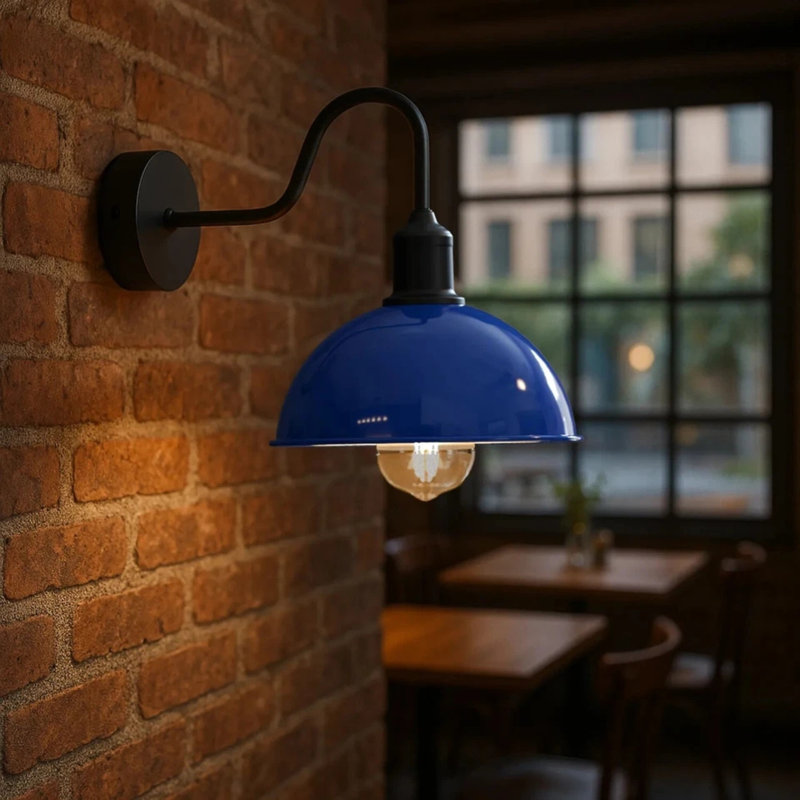 Modern Industrial Vintage Dome Wall Sconce – Fixed Curved Arm Metal Light for Bedroom, Hallway, Living Room, and Office., No