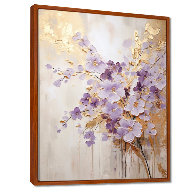 Mauve et or orné de violettes, pré IV - art mural Violettes, Cadre flottant brun, 20" H x 12" W