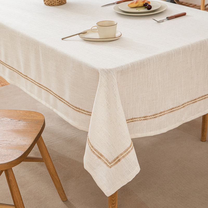 Beige Cotton-linen Blend Rectangular Tablecloth, 86" L x 55" W