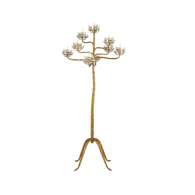 Gold floor lamp featuring a textured branch-like base and multiple light fixtures adorned with clear crystal accents.