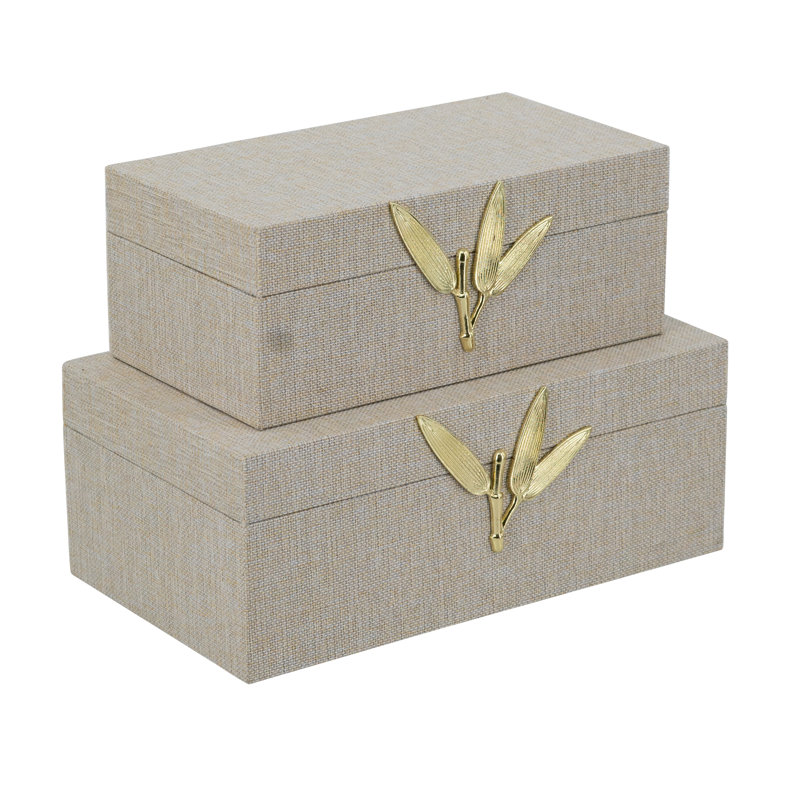 S / 2 boîtes de rangement décoratives en bois avec finition en lin gris et décorations en feuille d'or L: 10 x 6 x 4 po S: 8,5 x 5 x 3,5