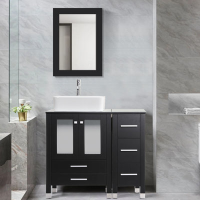 36 Single Bathroom Vanity with Wood Top, Vessel Sink, Zinc Alloy Faucet, Solid Wood Legs