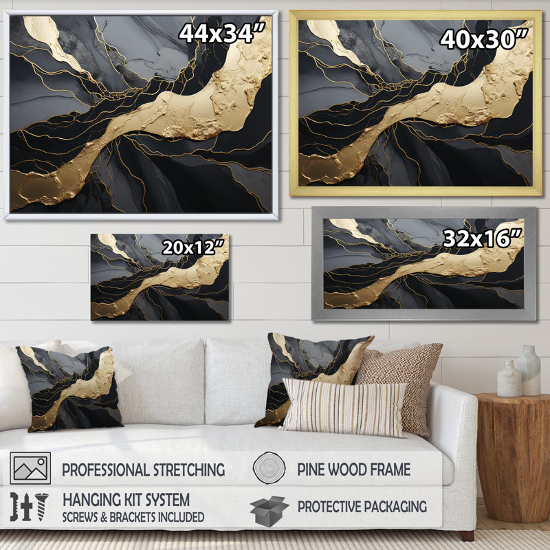 Impression sur toile encadrée «Minimalisme chromé noir et or - spirales abstraites», H 30 po x l 40 po x P 1,5 po