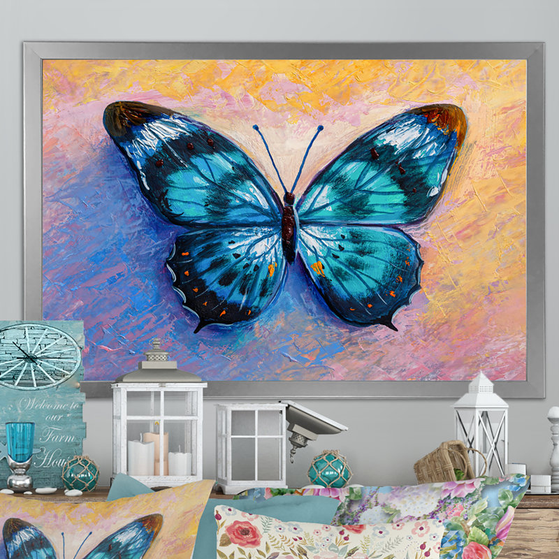 «Abstract Turquoise Butterfly», reproduction sur toile flottante, H 8 po x l 12 po x P 1 po, Cadre photo argenté