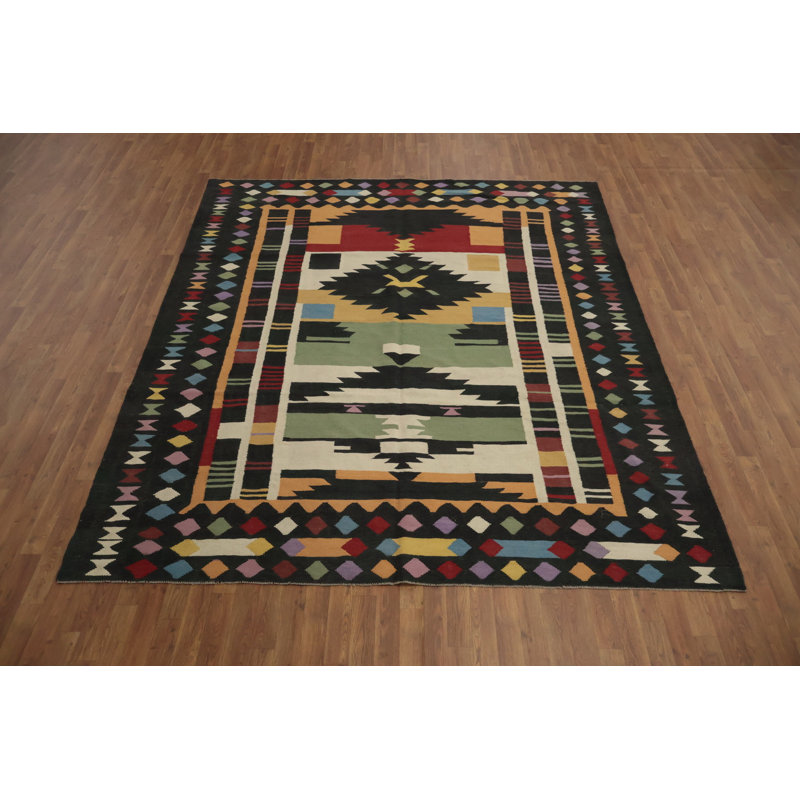 Tapis éclectique Kilim 8 x 10 avec motifs géométriques complexes