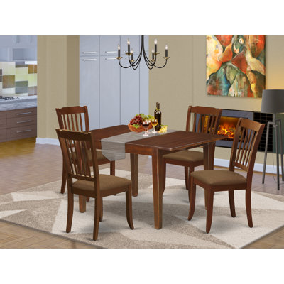 5 Piece Modern Dining Table Set Includes a Rectangle Wooden Table with Butterfly Leaf and 4 Linen Fabric Chairs, Mahogany