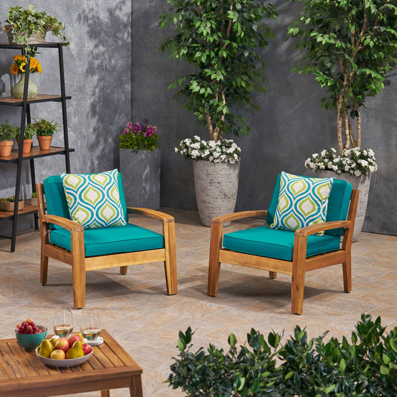Chaise de patio en bois d'acacia avec coussins Sunbrella Holly Springs, Structure en teck / coussin bleu sarcelle