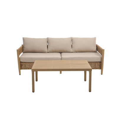 Canapé en rotin 3 places avec table basse, ensembles de mobilier d'extérieur avec coussins