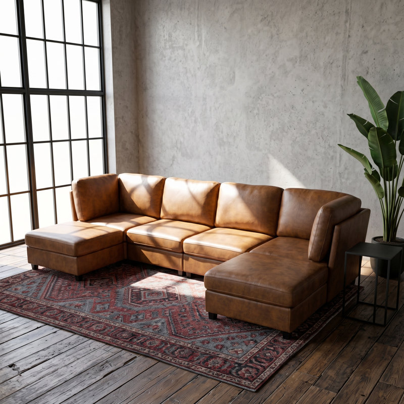 Canapé d'angle modulaire moderne de 240 cm avec pouf, canapé d'angle sans accoudoirs en tissu 6 pièces, Similicuir brun