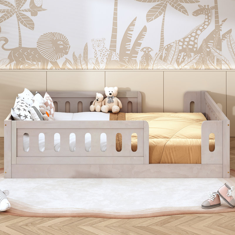 Wood Floor Bed with Semi-Enclosed Guardrails, Natural, Full