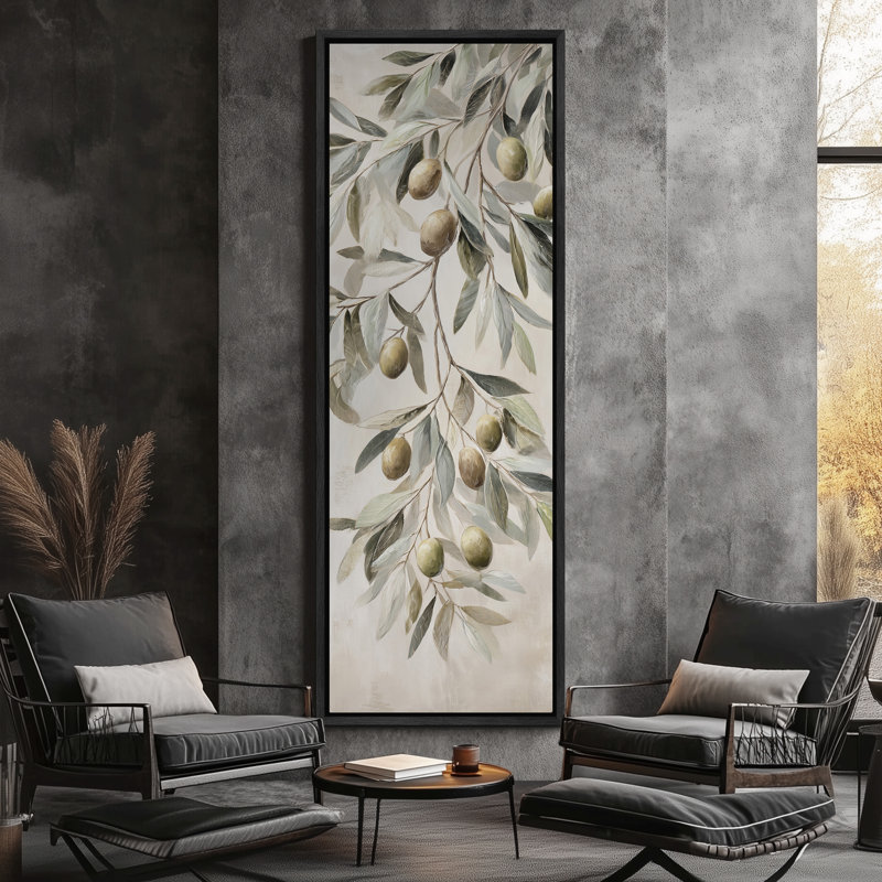 "Olive Branch", art mural botanique dans des tons de vert doux et de tons neutres, Noir, H 60 po x l 20 po x P 1,5 po