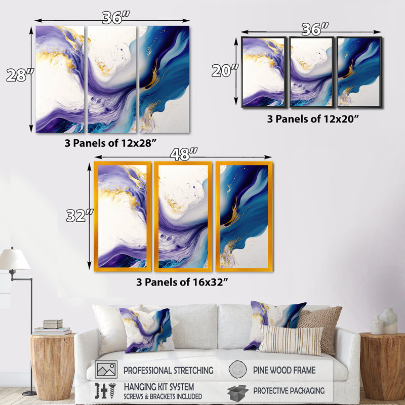 «Devonaire Blue and Gold Splash VI», reproduction sur toile 3 pièces, Cadre noir, H 28 po x l 36 po x P 1 po