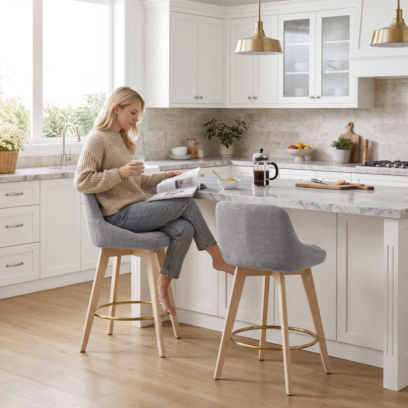 Tabouret de comptoir pivotant rembourré en lin de 26,8 po avec structure en bois massif, Gris