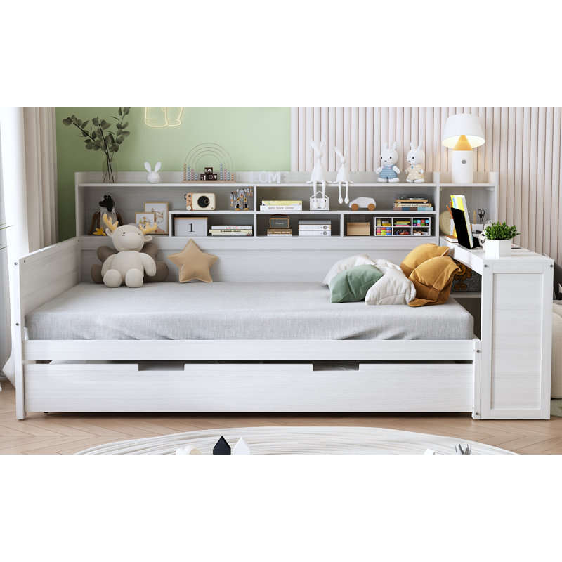 Multi-Functional Bed With Twin Size Trundle Bed And Study Desk, Antique White, Full