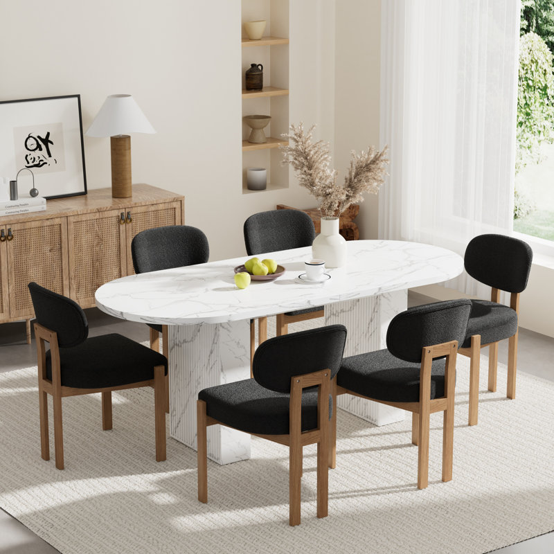 Oval Double Pedestal Kitchen Table Sets, 7 Pieces: Table, 6 Chairs, Black