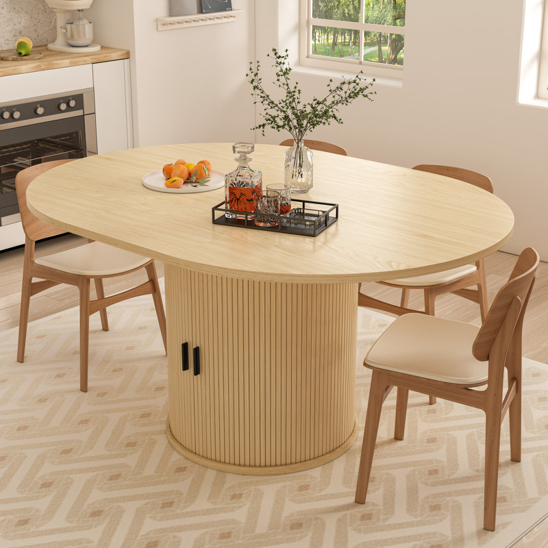 Dining Table For 4-6,63“Extendable Round Kitchen Dining Room Table With 2-Tier Storage Shelf, Space Saving Expandable Wood Oval Circle Dinner Furniture With Pedestal Base