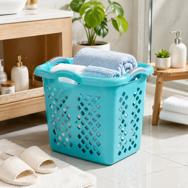 Teal 2-Bushel Plastic Laundry Baskets With Silver Handles — Diamond-Patterned Ventilation Design (Set Of 2)
