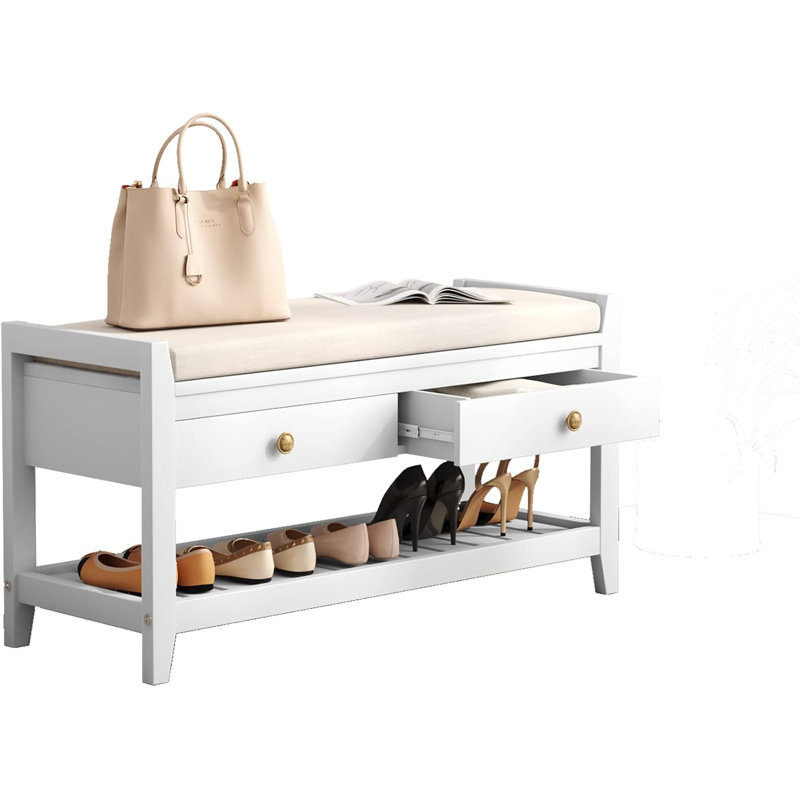 Etom Upholstered End Table With Storage Drawers And Shoe Rack, White