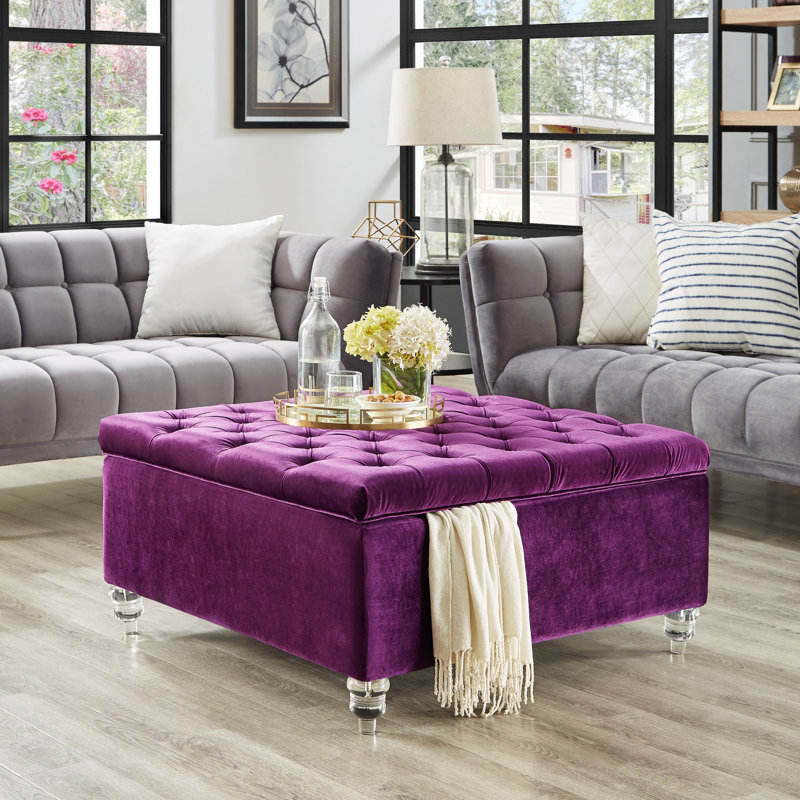 Repose-pieds carré capitonné en velours avec rangement de 36,2 po de largeur Michela, Mauve