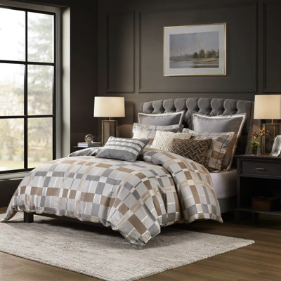 Édredon pour grand lit de style couette 8 pièces en taupe, motif géométrique multicolore, coussins de luxe, housse amovible et conception pratique avec confort centré