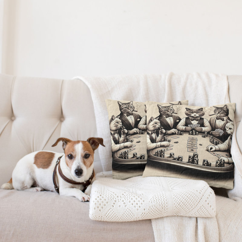 Ivory and Dark Taupe Cat Poker Microfiber Throw Pillow Covers, Set of 2