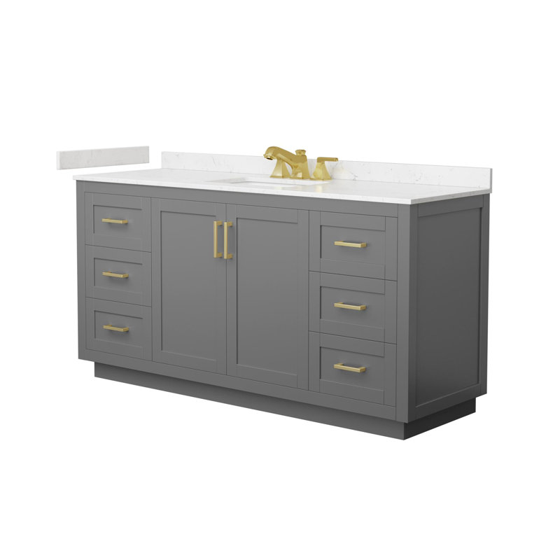 Meuble-lavabo simple autoportant de 66 po avec plateau en marbre Miranda, Gris, Or brossé