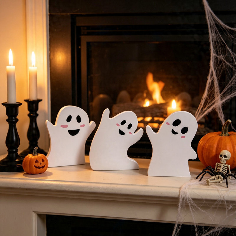 3 pièces d'ornements fantômes en bois rustiques d'Halloween à plateaux décoratifs de plateau décoratifs de bureau (ensemble de 3)