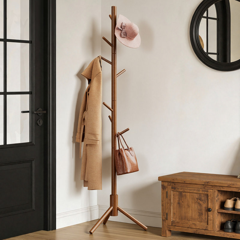 Adosinda 8 - Hook Freestanding Adjustable Solid Wood Coat Rack for Bedroom, Closet, Entrance, Brown