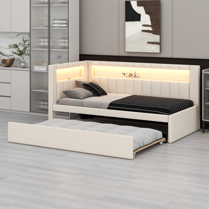 Twin Size Platform Bed With USB Ports And LED Belt Bed Frame With Trundle, White