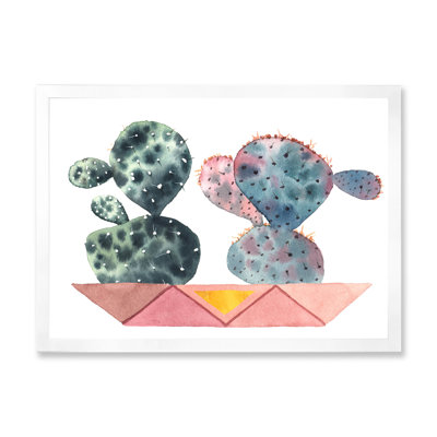 Duo de cactus dans des pots géométriques roses - Peinture sur toile