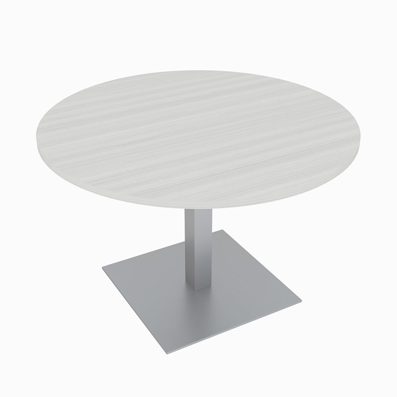 Table de conférence ronde avec base carrée en métal, Cyprès blanc, L 48 po x l 48 po, Argent argent