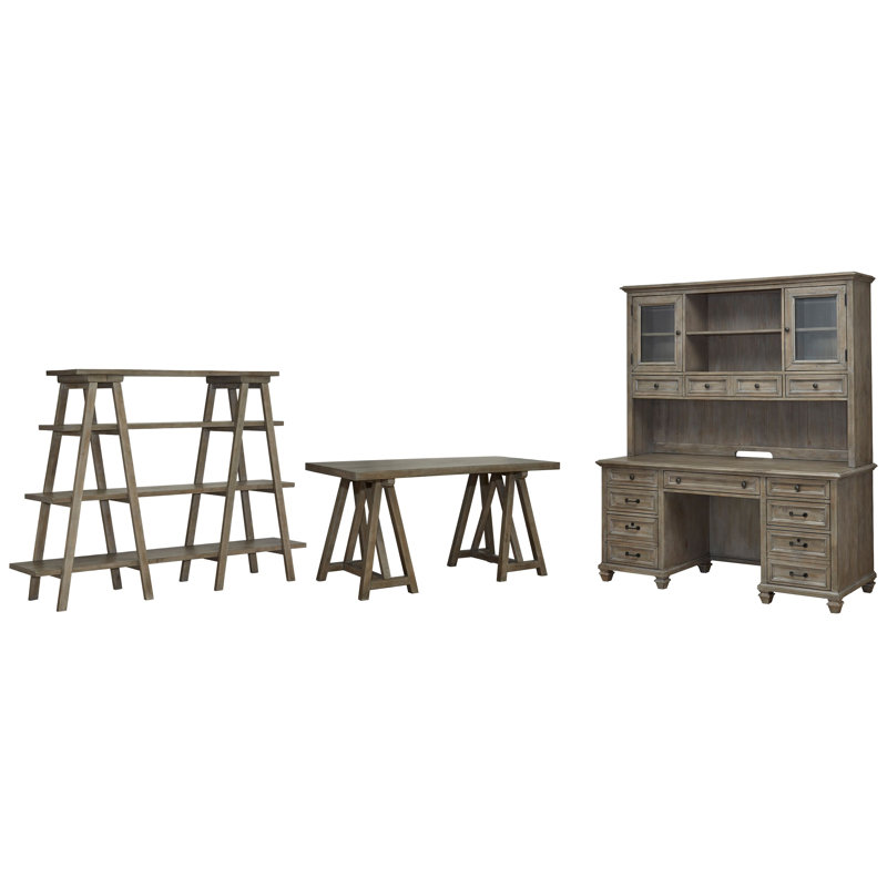 Desk With Bookshelf Credenza And Hutch, 3 Pieces: Desk, Bookshelf, Credenza, Dovetail Gray