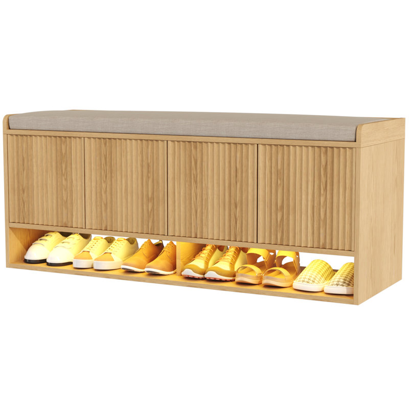 47.24''w Fluted Entryway Shoe Storage Bench With 4 Doors And Adjustable Shelf, Natural Wood