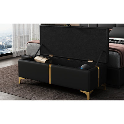 Élégant rangement rembourré avec des pieds en métal, noir, pour la chambre à coucher et le salon, et un matériau noir au design fonctionnel, espace spacieux,