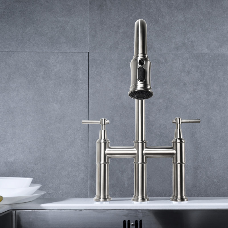 Bridge Kitchen Faucet In Brushed Nickel With Pull-Down Spray. Accurate Water Flow And Temperature Control Dual Handles. 360-Degree Rotatable High Nozzle For Increased Sink Area. Brass Faucet. Splash-