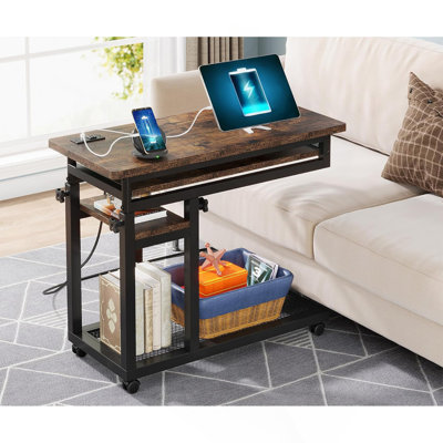 28"-39.3" Height Adjustable Portable Desk With Power Outlet USB Ports, Rolling C-Shaped Side Table With Keyboard Tray, Small Standing Desk With Wheels For Sofa, Bedside, Or Home Office