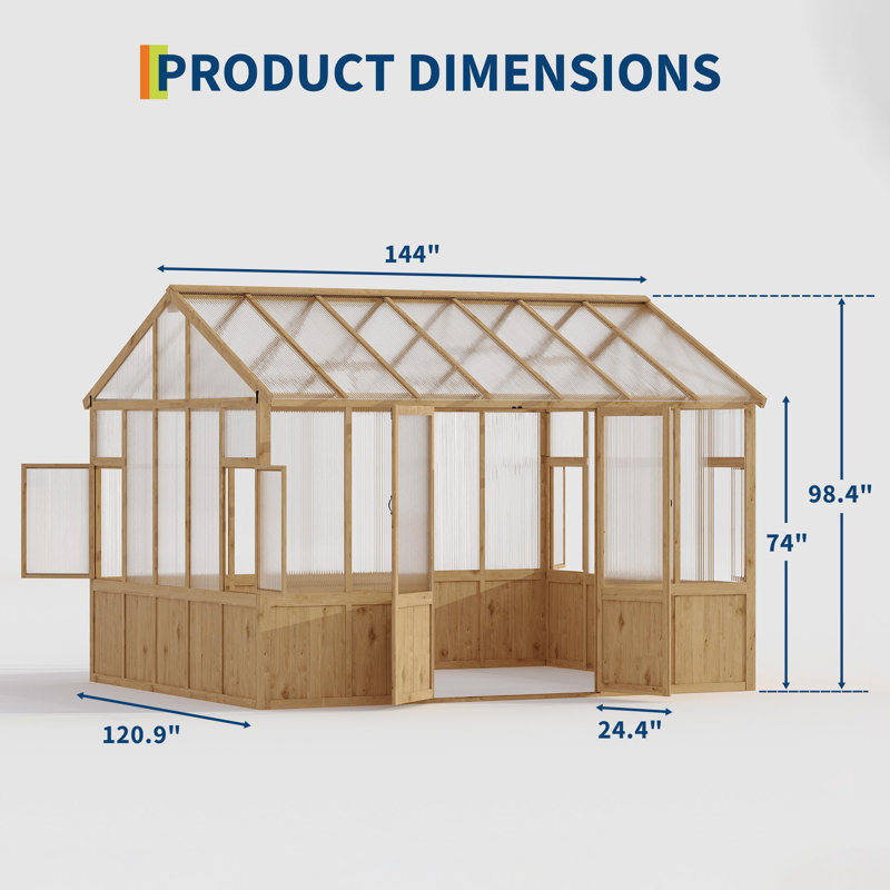 Heavy-Duty 8x12 ft / 10x12 ft Wooden Outdoor Greenhouse with 6mm Polycarbonate Panels, and Lockable Walk-In Door for Backyard, Patio, or Lawn