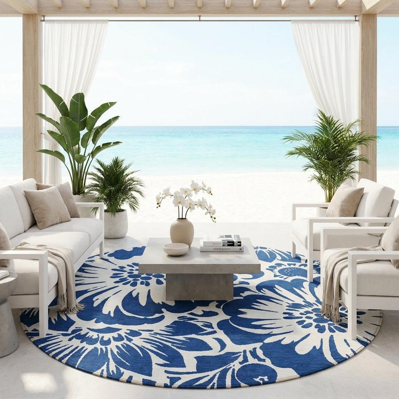 Tapis d'intérieur rond antidérapant rond 8 pi bleu marine et ivoire