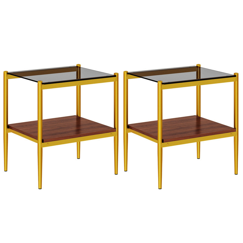Set of 2 Rectangle End Table, Tempered Glass Tabletop with MDF layer, Glass, Gold, Gray