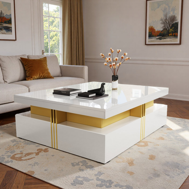 Table basse moderne carrée avec 4 tiroirs, Blanc