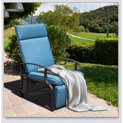 Adjustable Patio Recliner Chair Metal Outdoor Lounge Chair with Flip Table Push Back by Winston Porter