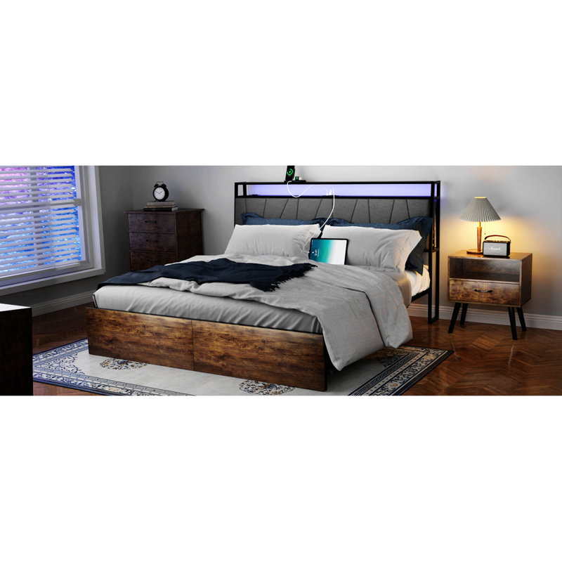 Metal Bed Frame with Headboard and Charging Station, Beds with Storage Drawers, Natural, Full