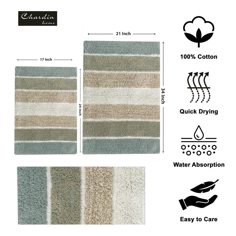 Ensemble de 2 tapis de bain à rayures antidérapants 100% coton Cervantes, Gris/beige, 21''x34''/17''x24''