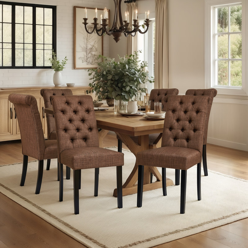 Linen Upholstered Dining Parsons Chairs (Set Of 6), 6, Dark Brown